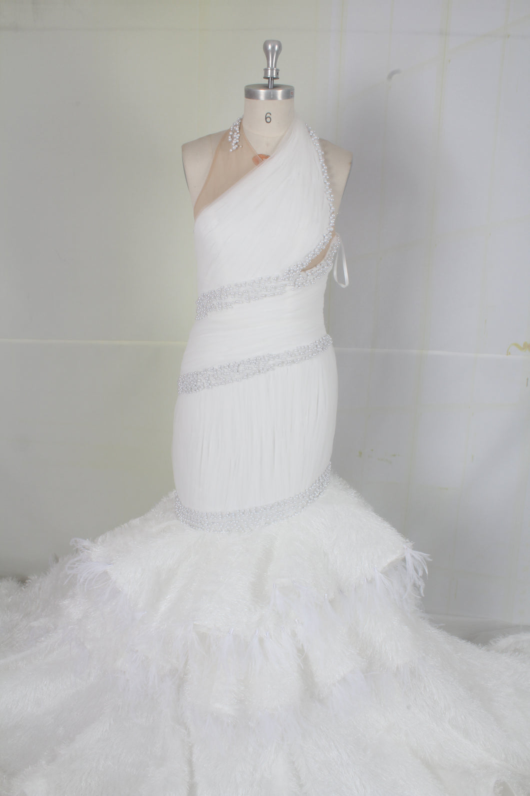 C2022-Vintea - halter fit-and-flare wedding gown with tiered ostrich feather train
