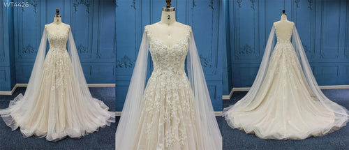 WT4426 3D beaded lace wedding gown with tulle shoulder falls