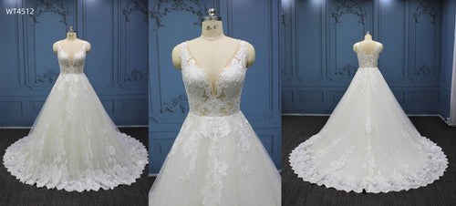 WT4512 sleeveless a-line open v-neck lace wedding gown