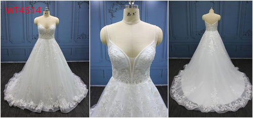 WT4514  fancy lace wedding gown with pearl beaded neckline