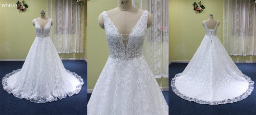 WT4521 sleeveless v-neck a-line beaded lace wedding gown