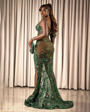 C2023-SG049 - spaghetti strap emerald green corset sheer evening gown