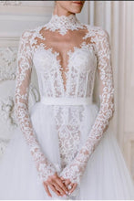 C2024-LS119 - Long sleeve lace wedding gown with illusion neckline and detachable train