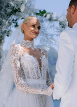 C2024-LS119 - Long sleeve lace wedding gown with illusion neckline and detachable train