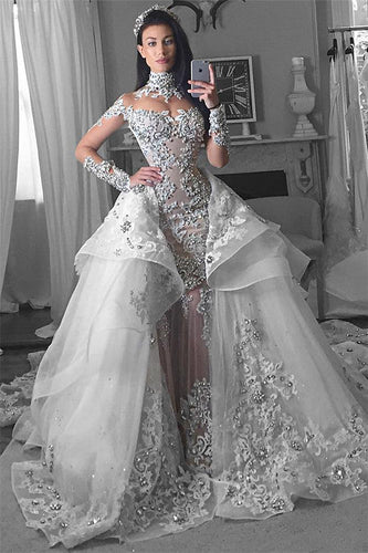 C2020 - BLS989 robe de mariée en perles de cristal swarovski à manches longues et décolleté illusion