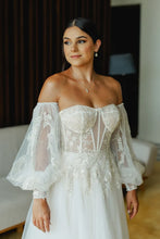 C2023-SAB11 strapless a-line beaded lace wedding gown with detachable bishop long sleeves