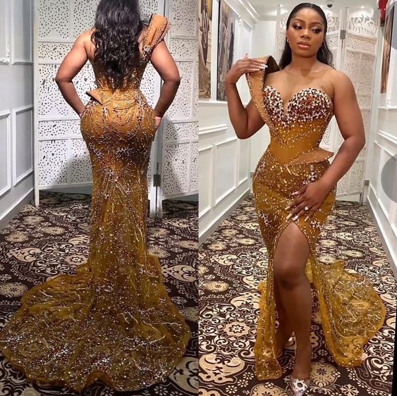 C2022-B814 - Haute Couture beaded gold evening gown