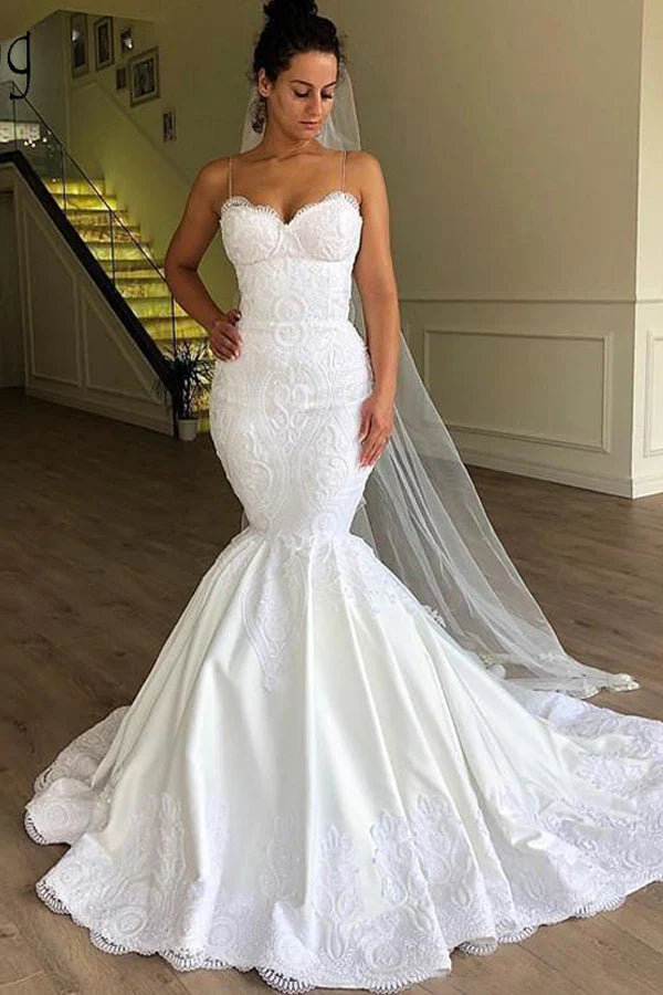 C2022-ms55 - Fit-and-Flare lace wedding gown with spaghetti straps