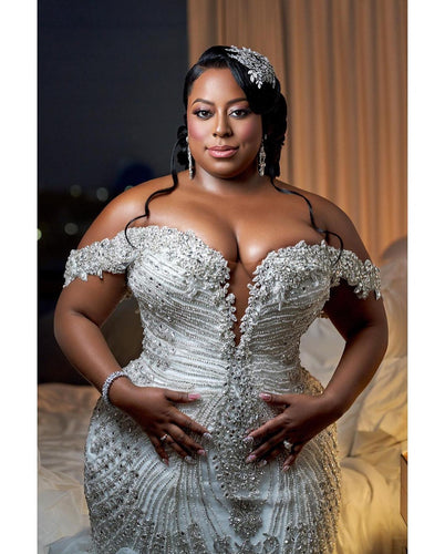 C2023-OS61P - off the shoulder plus size beaded wedding gown with bling