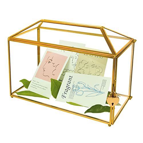 YIMORENCE V Gold Wedding Glass Card Box – 12.6 inch Large Wedding Card Holder Handmade Gold Glass Terrarium with Slot and Heart Lock