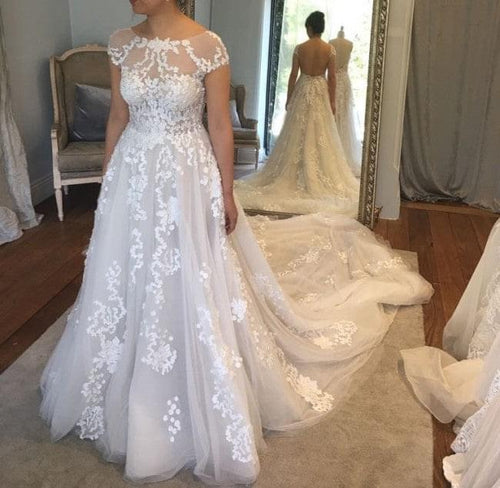 C2022-AC54 - Vestido de novia línea A con escote ilusión y manga japonesa