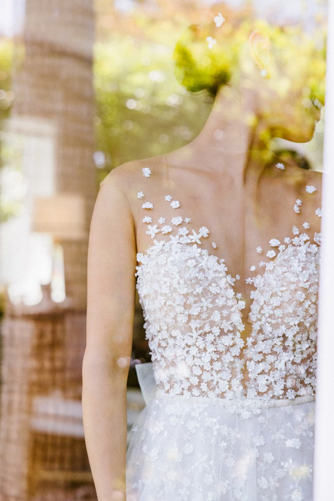 C2022-FS011 - sleeveless illusion neckline 3D flower detail wedding dress
