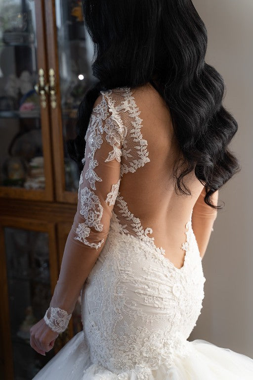 C2022-BLS81 - Sheer backless long sleeve lace fit-to-flare wedding gown