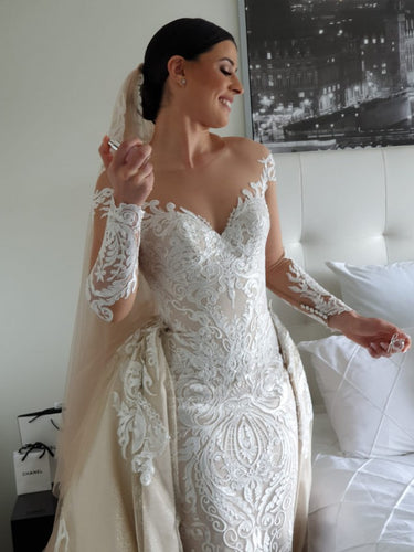 C2022-LS363 - Sheer illusion neckline long sleeve wedding gown with detachable train