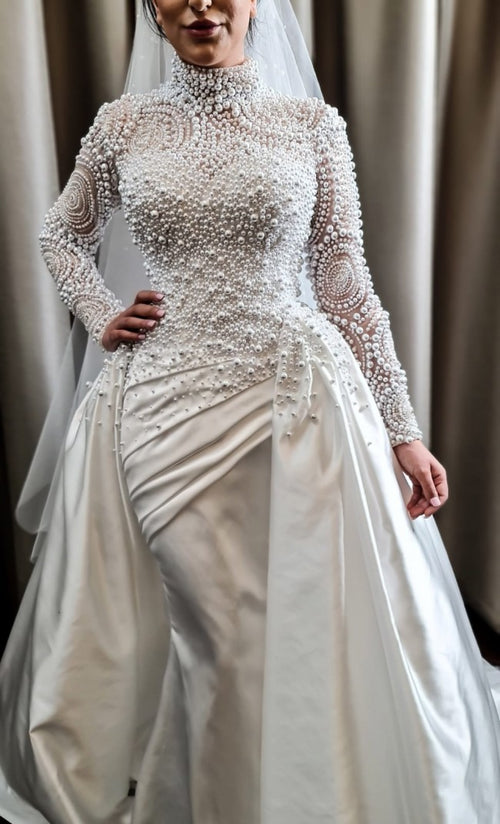 C2022-PLS887 Pearl beaded long sleeve modest wedding gown with detacha –  Darius Fashions