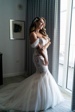 C2022-FFO383 fit-and-flare off the shoulder beaded lace wedding gown