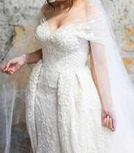 C2023-OS750 Embroidered off the shoulder wedding gown with detachable train
