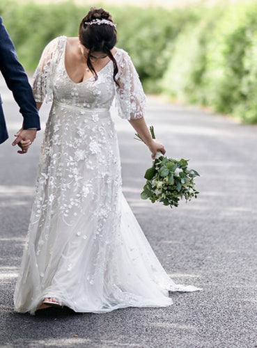 C2023-SSO551 - Vestido de novia transparente de manga larga hasta el codo de talla grande