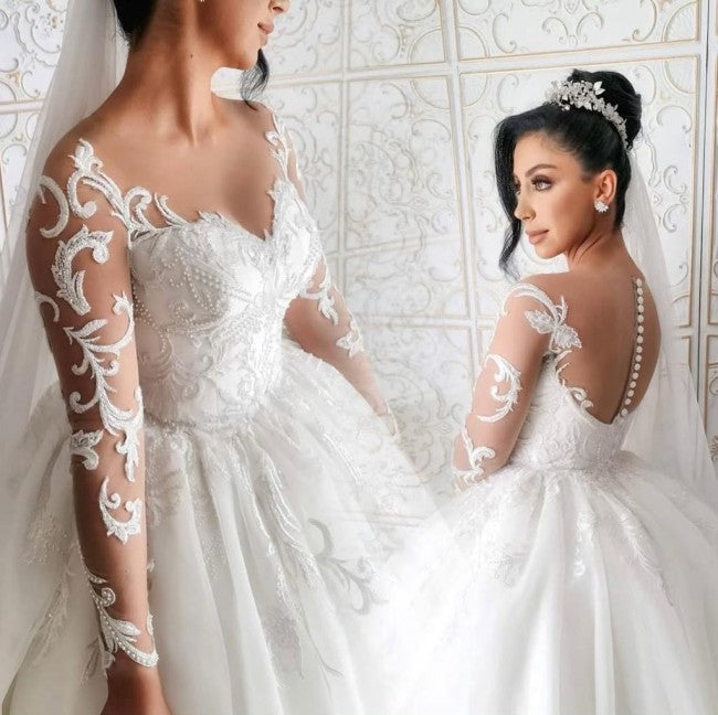 C2023-SLS224 - sheer long sleeve ball gown wedding dress