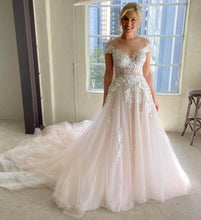 C2023-OA881 - short sleeve off the shoulder illusion neck a-line wedding gown