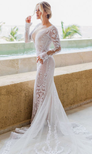 C2023-SSaa9 - vestido de novia sexy de manga larga con cuentas y espalda transparente de alta costura