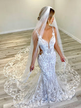 C2023-BL717f - ornate beaded lace wedding gown with straps and cathedral veil