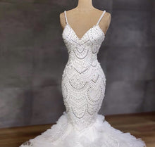 C2023-FF252 - beaded fit-to-flare wedding gown with spaghetti straps