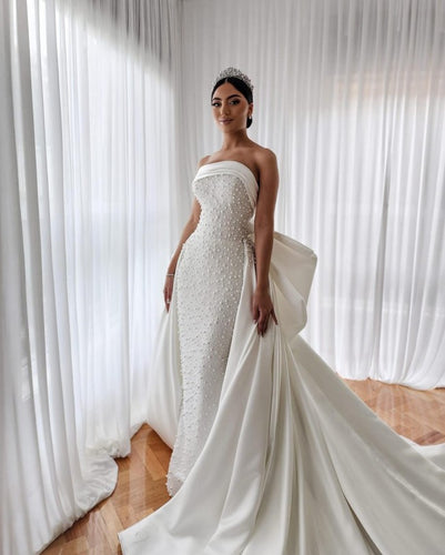 C2022-sbg55 Elegante vestido de novia ajustado sin tirantes con cola de lazo desmontable