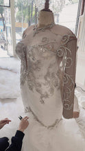 C2022-SLS69 - beaded sheer long sleeve plus size illusion neckline wedding gown with bling