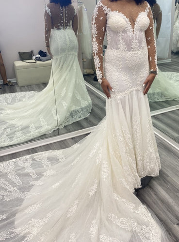 C2023-sls661 Vestido de novia transparente de manga larga, talla grande, ajustado y con vuelo