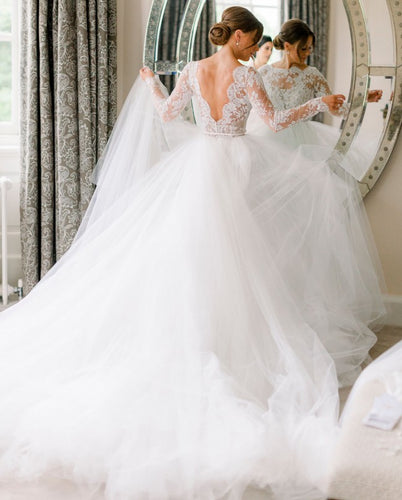 vestido de novia tradicional de encaje de manga larga 