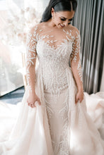 C2023-B551 - sheer illusion neck long sleeve wedding gown with detachable overskirt