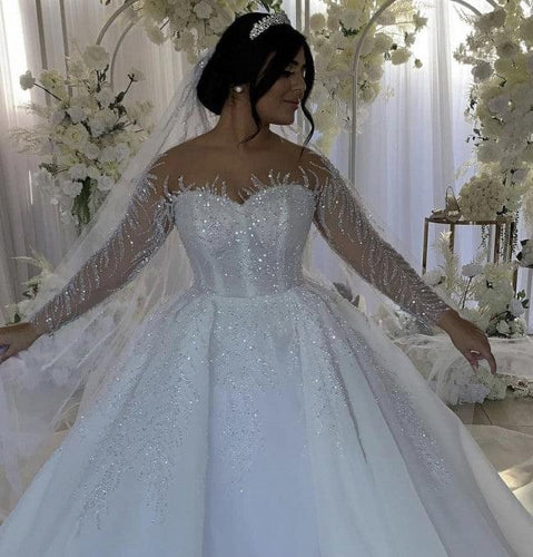 C2022-BB2T7 Vestido de novia de manga larga con cuentas transparentes