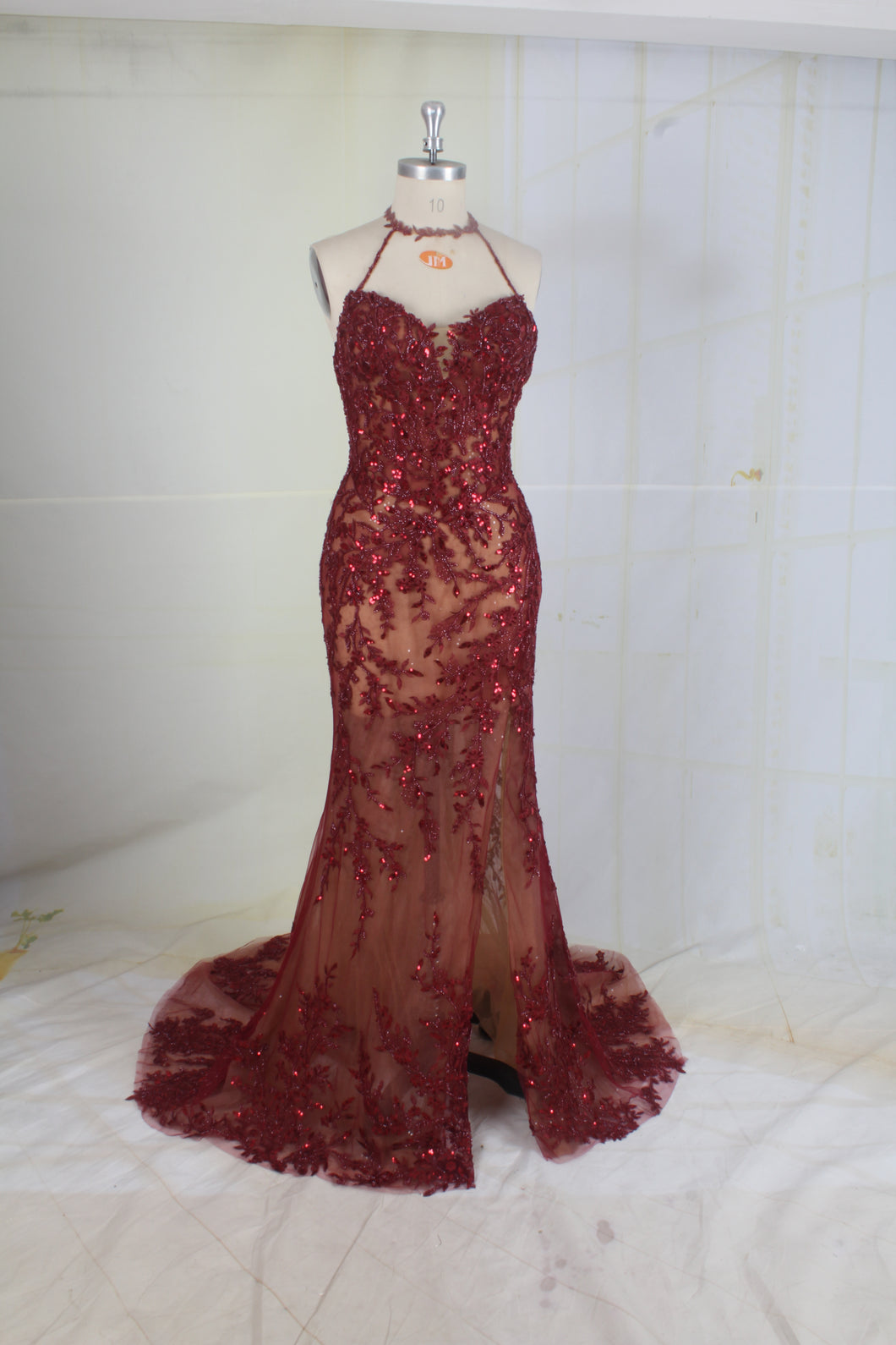Style #95167 sheer red beaded formal evening gown prom dress