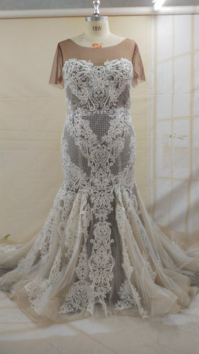 C2021-LaToya - Plus size embroidered wedding gown with illusion neckline
