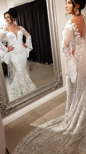 C2022-LS200 - Vestidos de novia de manga larga acampanados de diseñador 