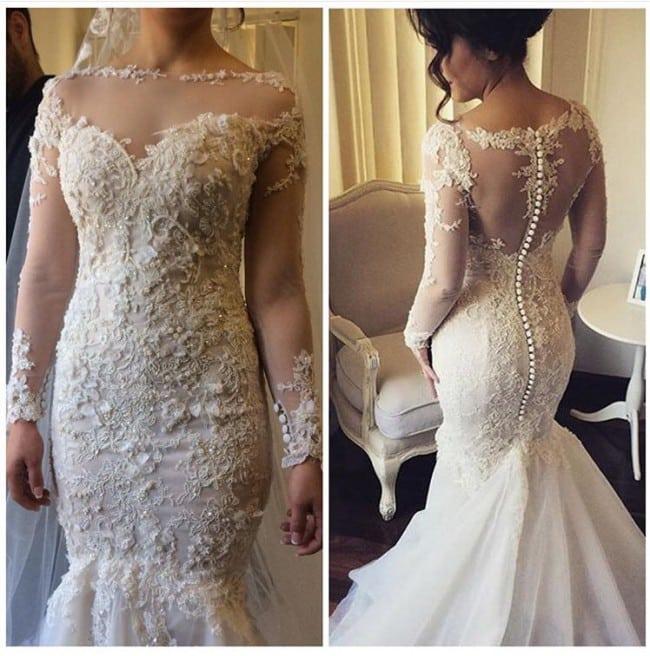 C2021-IN223 Sheer illusion neck long sleeve beaded lace wedding gown