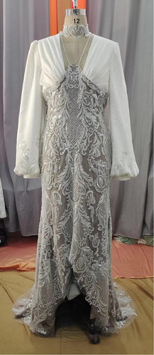 C2022-1029MBU - long bishop sleeve empire waist formal wedding gown
