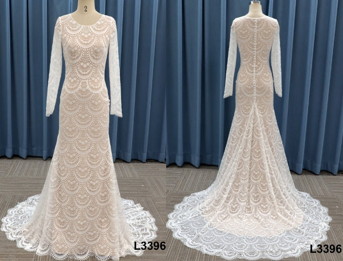 Style L3396 Long sleeve modest lace wedding gown