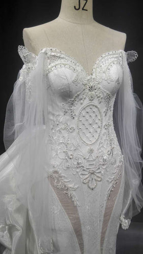 Vestido de novia de manga larga transparente de alta costura a la venta 