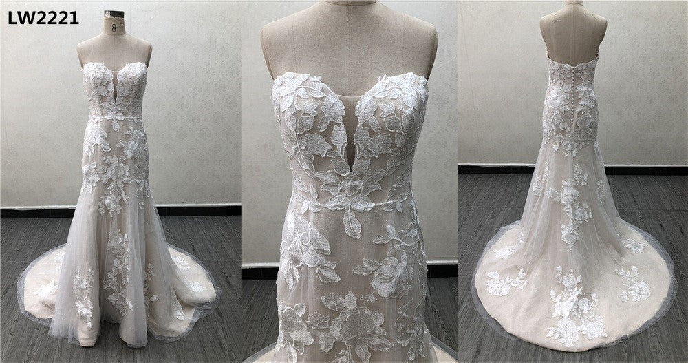 Style LW2221 - Strapless nude and ivory embroidered wedding gown