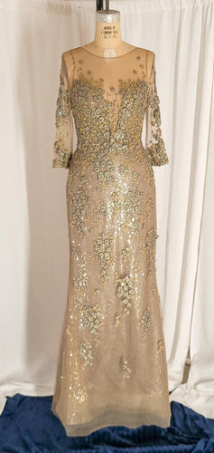C2022-Mg33 - Illusion neckline gold beaded mother of the bride evening dress