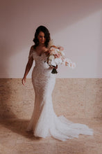C2021-aSL0887 sheer off the shoulder beaded lace wedding gown with train