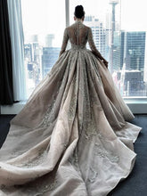 C2021-aLF88 - long sleeve bugle beaded illusion neckline wedding gown with detachable cathedral train