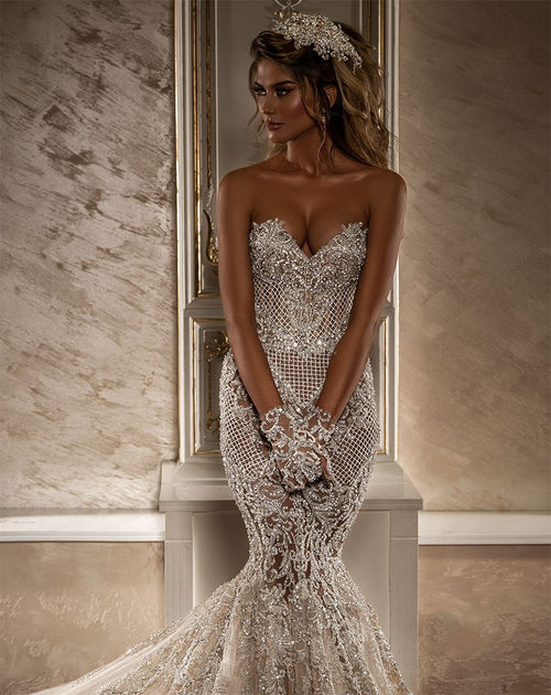 Darius Dresses C2022-VB88 - Swarovski Crystal Beaded Strapless Fit-to-Flare Wedding Gown 14 / Request Changes / Ivory