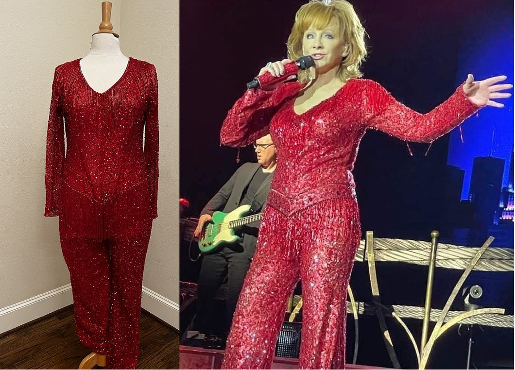 Style RM5193 - Replica of a Reba McEntire red long sleeve beaded pant suit