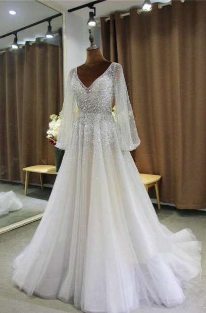 Style VNDC116 - beaded long bishop sleeve wedding gown