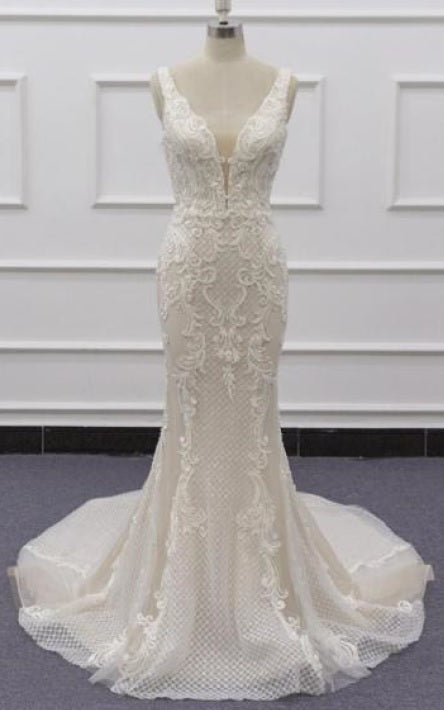 VNDM238 - Sleeveless v-neck bridal dresses with embroidery details