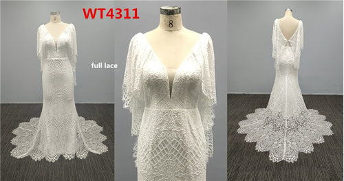 WT4311 - Vestido de novia de encaje bohemio con escote en pico y cola