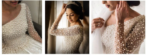 C2021-osP55  Long Sleeve One arm pearl beaded wedding gown